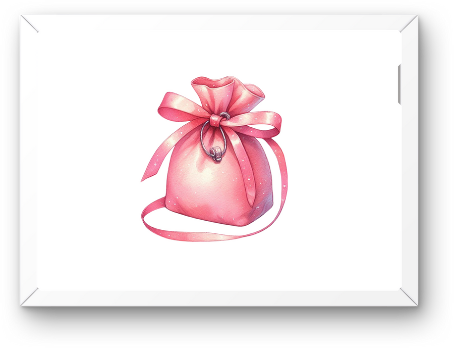 Pink Ribbon Gift Pouch Wall Art | Watercolor Satin Bag Print | Girly Nursery Gift