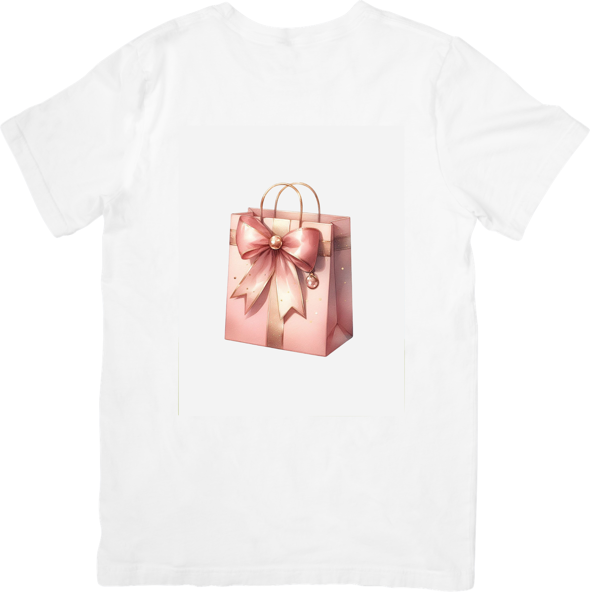 Pink Bow Gift Bag T-Shirt | Coquette Rose Gold Present Graphic Tee | Girly Aesthetic Gift