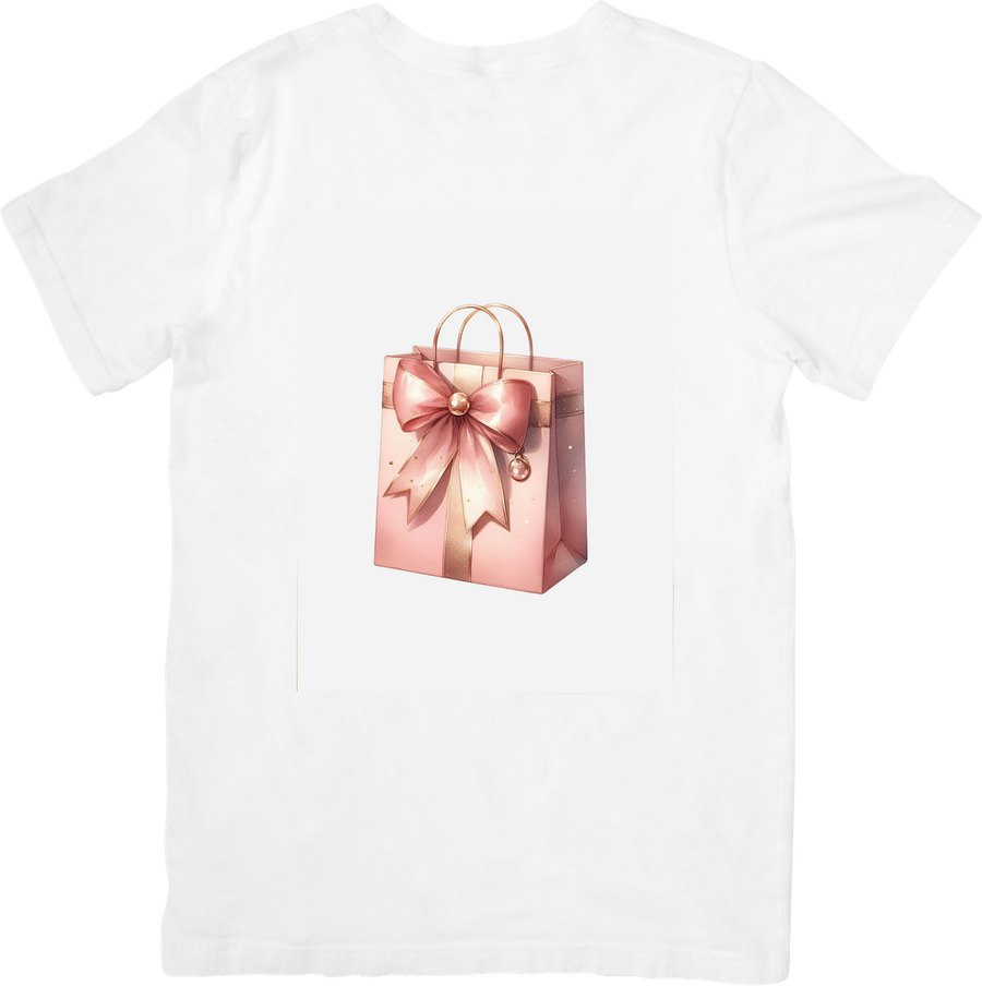 Pink Bow Gift Bag T-Shirt | Coquette Rose Gold Present Graphic Tee | Girly Aesthetic Gift