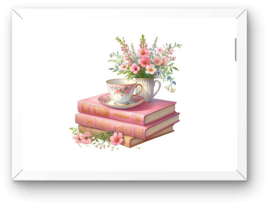 Pink Teacup And Books Wall Art | Watercolor Floral Bookish Print | Cozy Reader Gift