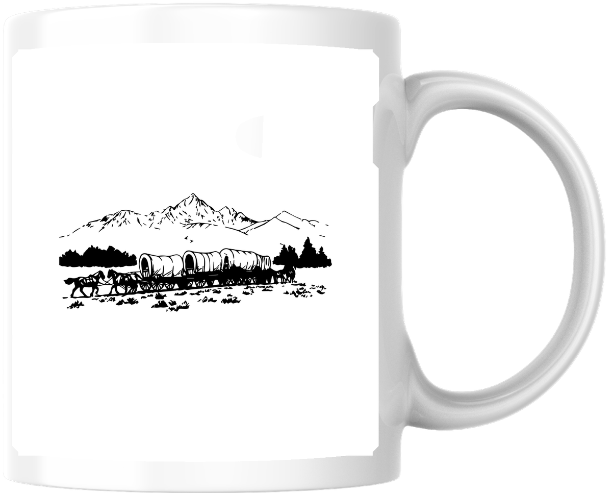 Covered Wagon Mug | Pioneer Western Line Art Coffee Mug | Old West History Gift