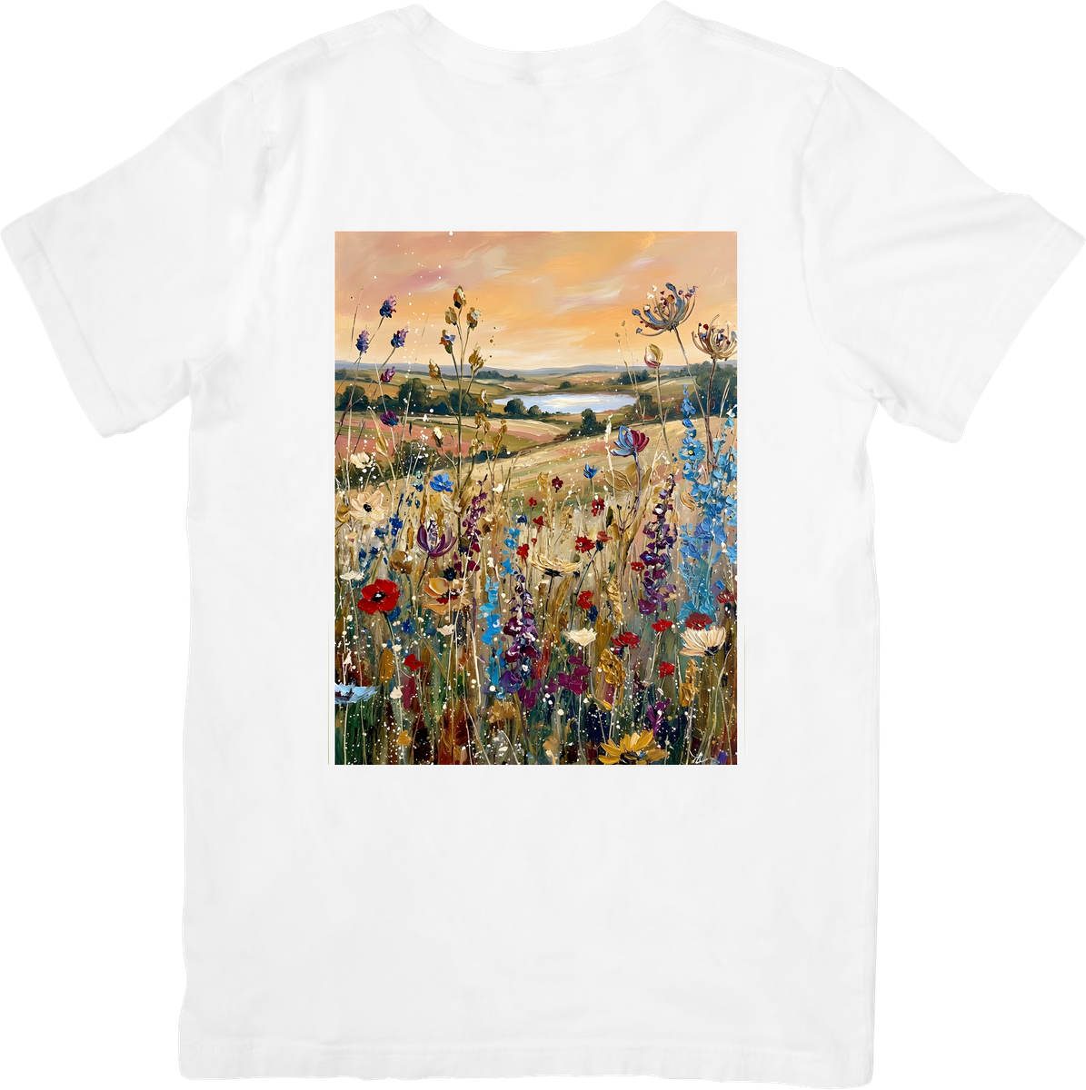 Wildflower Meadow Sunset T-Shirt | Palette Knife Floral Landscape Graphic Tee | Nature Lover Gift
