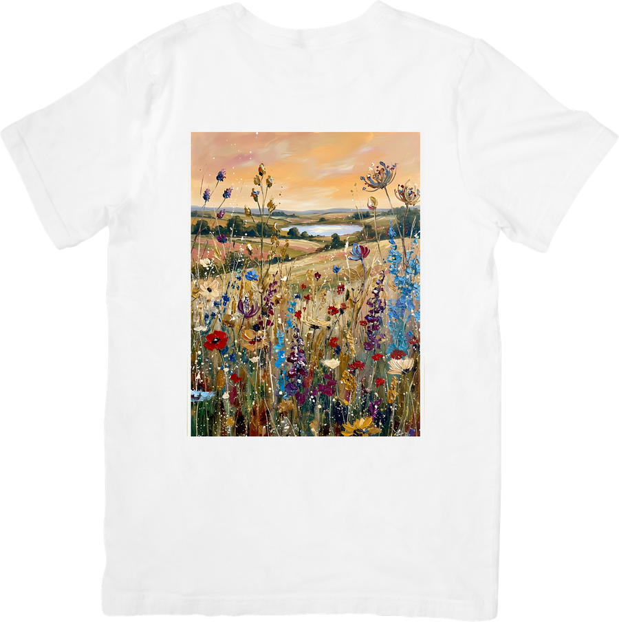 Wildflower Meadow Sunset T-Shirt | Palette Knife Floral Landscape Graphic Tee | Nature Lover Gift