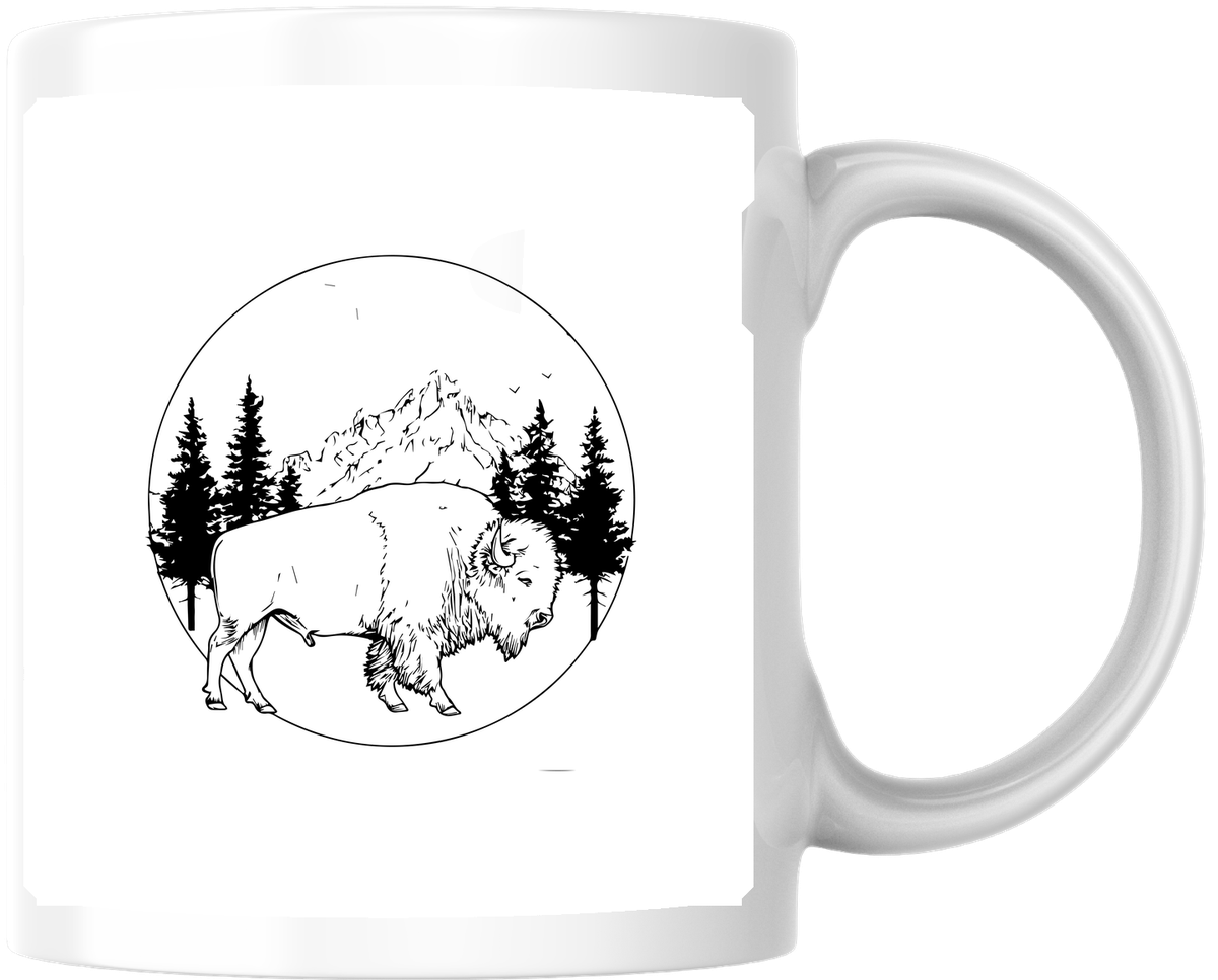 Bison Mountain Mug | Black And White Wilderness Line Art Coffee Mug | Nature Adventure Gift