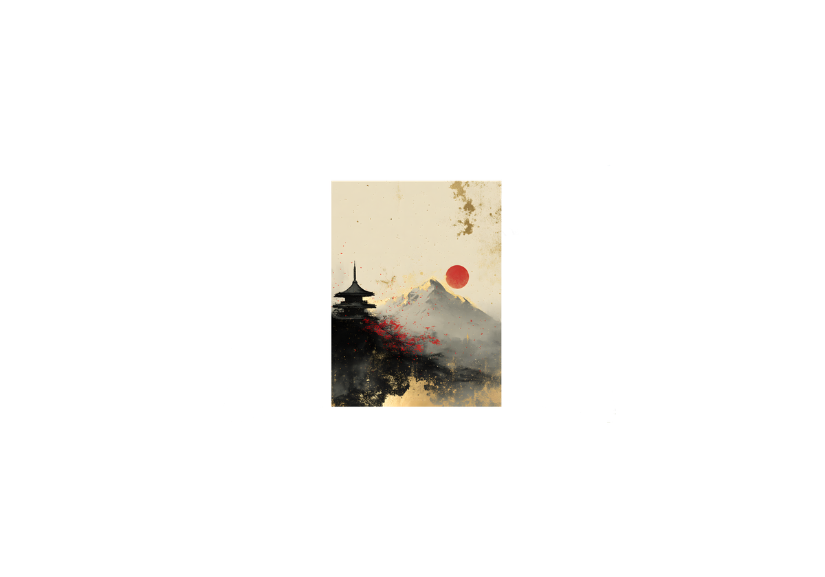 Japanese Pagoda Red Sun Throw Pillow | Ink Wash Mountain Decorative Pillow | Zen Decor Gift