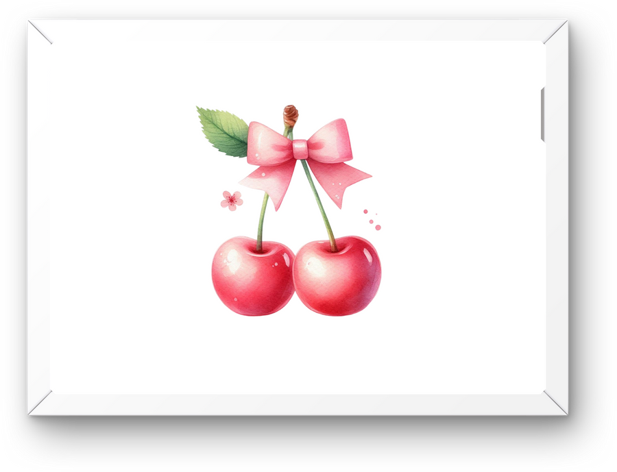 Coquette Cherry Bow Wall Art | Watercolor Pink Cherries Print | Girly Room Decor Gift