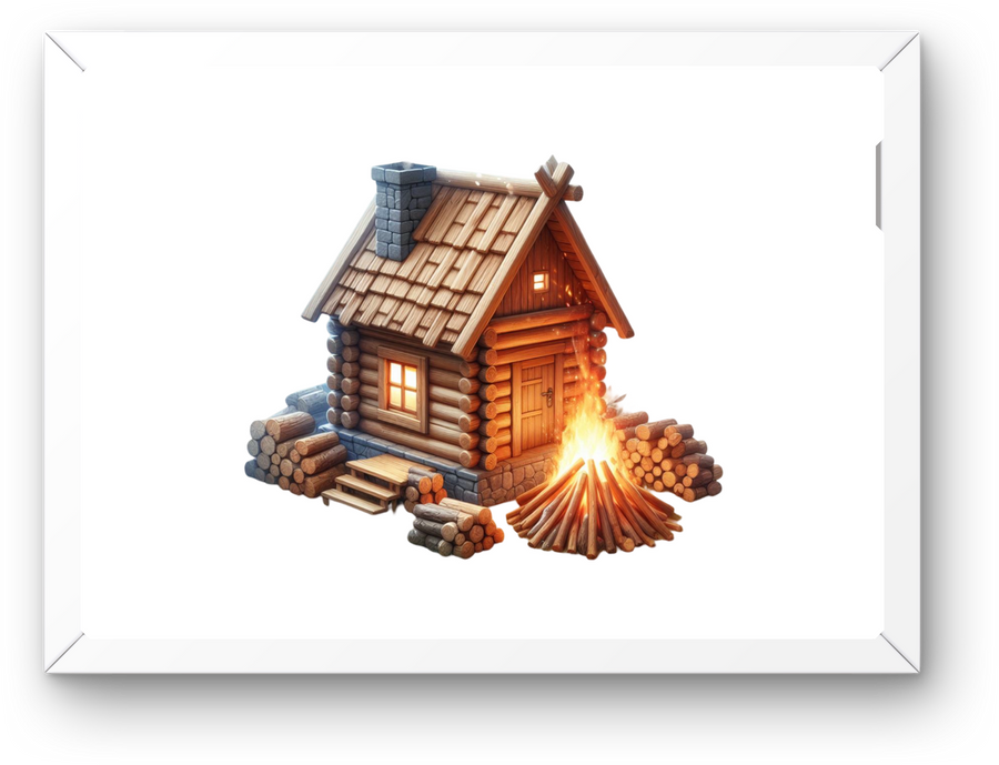 Log Cabin Campfire Wall Art | Cozy Wooden Cabin Print | Rustic Lodge Decor Gift