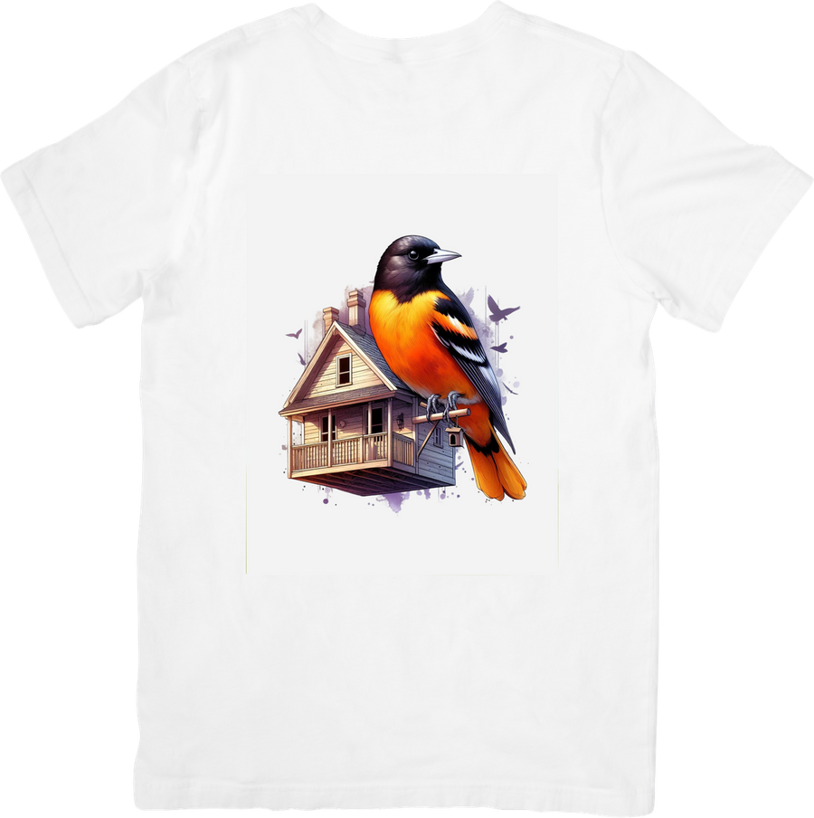 Baltimore Oriole Birdhouse T-Shirt | Colorful Songbird Graphic Tee | Bird Watcher Gift