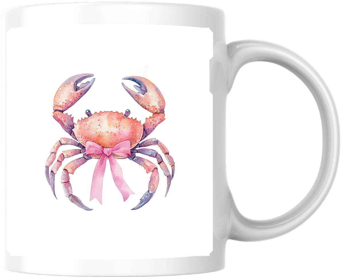 Pink Crab Bow Mug | Coquette Watercolor Coastal Coffee Mug | Girly Beach Gift