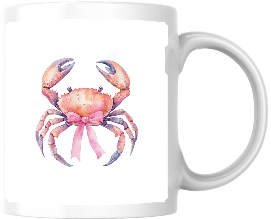 Pink Crab Bow Mug | Coquette Watercolor Coastal Coffee Mug | Girly Beach Gift