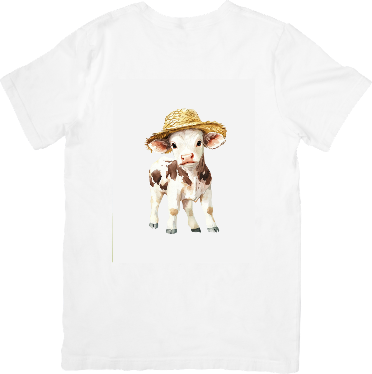 Straw Hat Baby Cow T-Shirt | Cute Watercolor Farm Calf Graphic Tee | Country Kids Gift