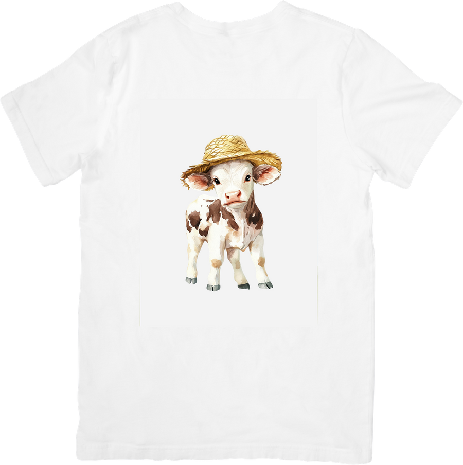 Straw Hat Baby Cow T-Shirt | Cute Watercolor Farm Calf Graphic Tee | Country Kids Gift